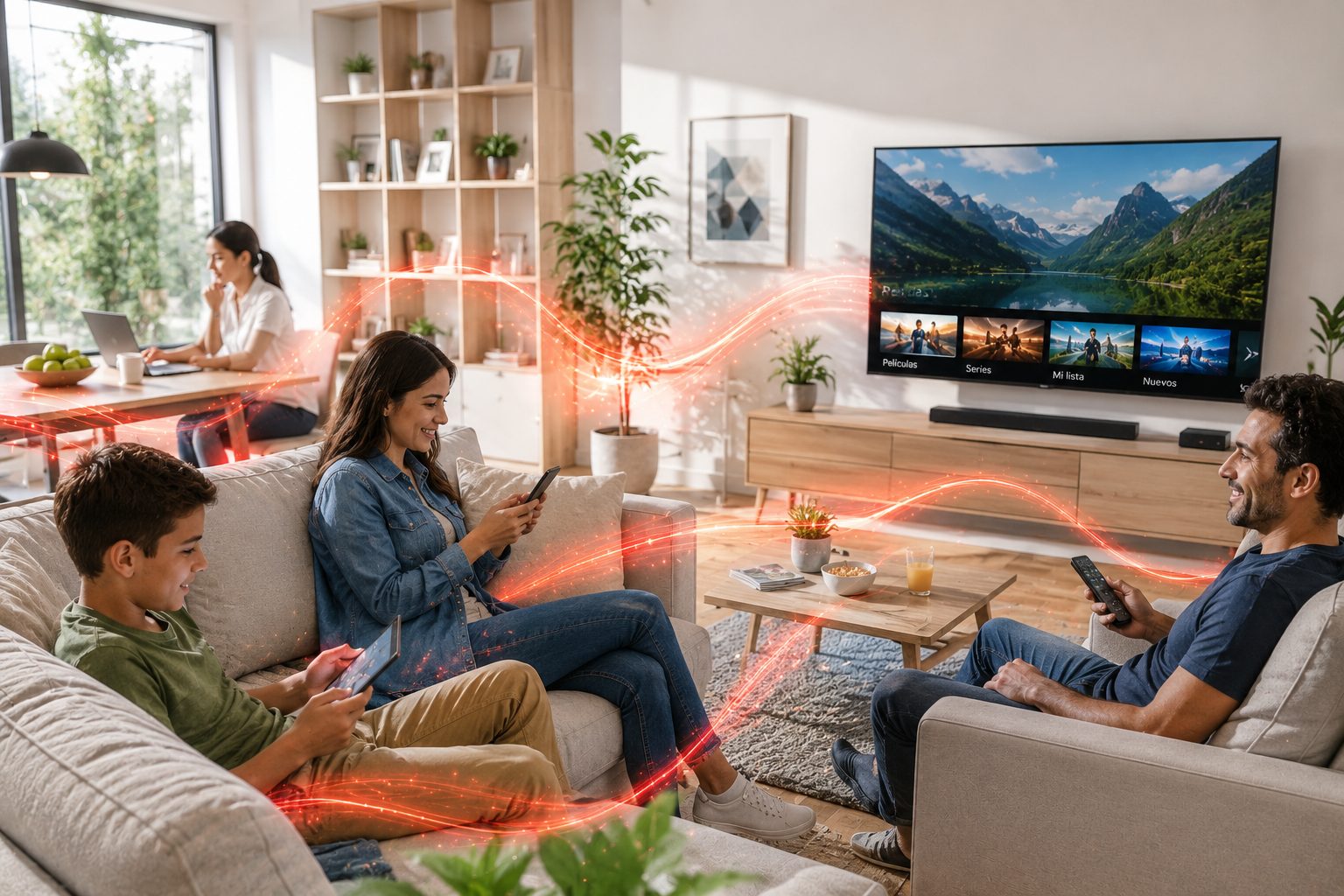 Familia usando varios dispositivos conectados a internet y televisión Provinet