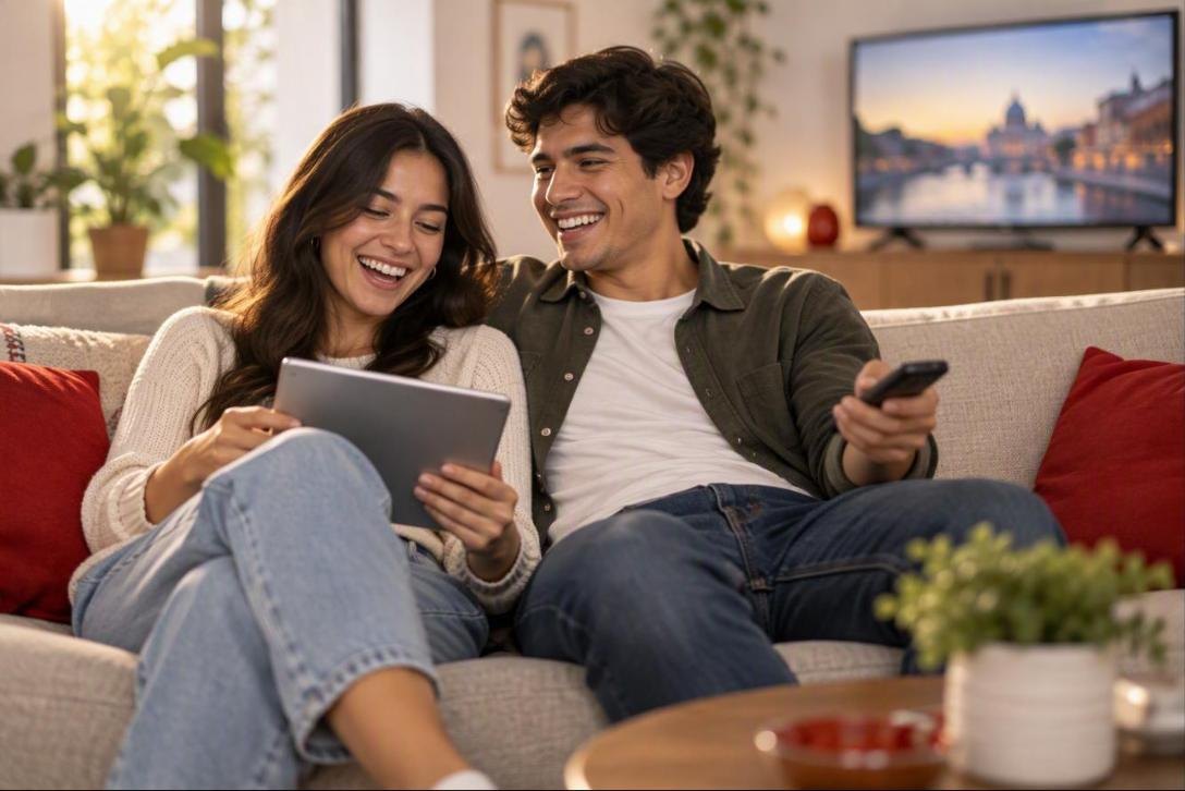 Familia disfrutando internet y televisión en un solo plan